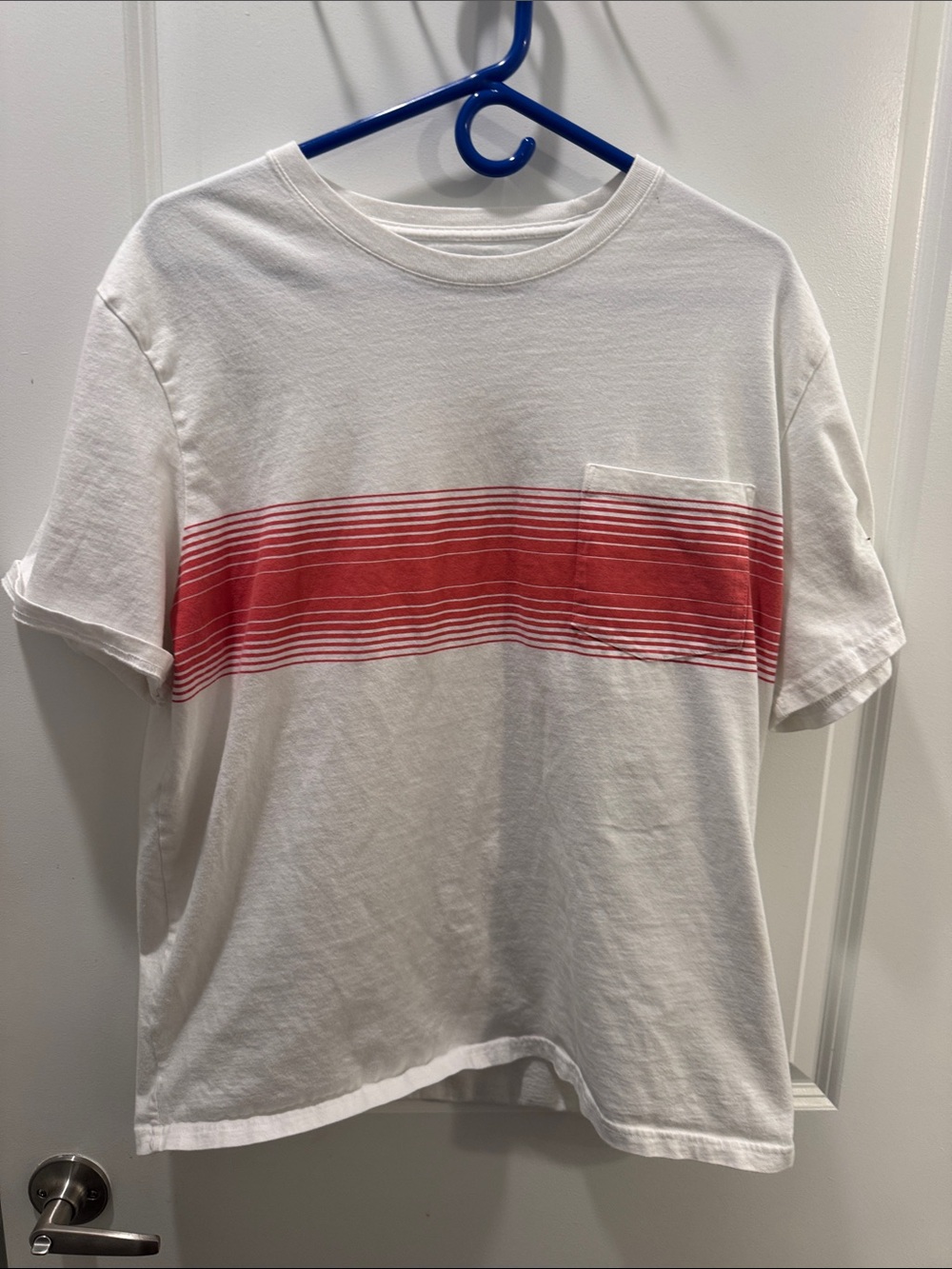 White Short-Sleeve Tee with Red Stripe and Chest Pocket